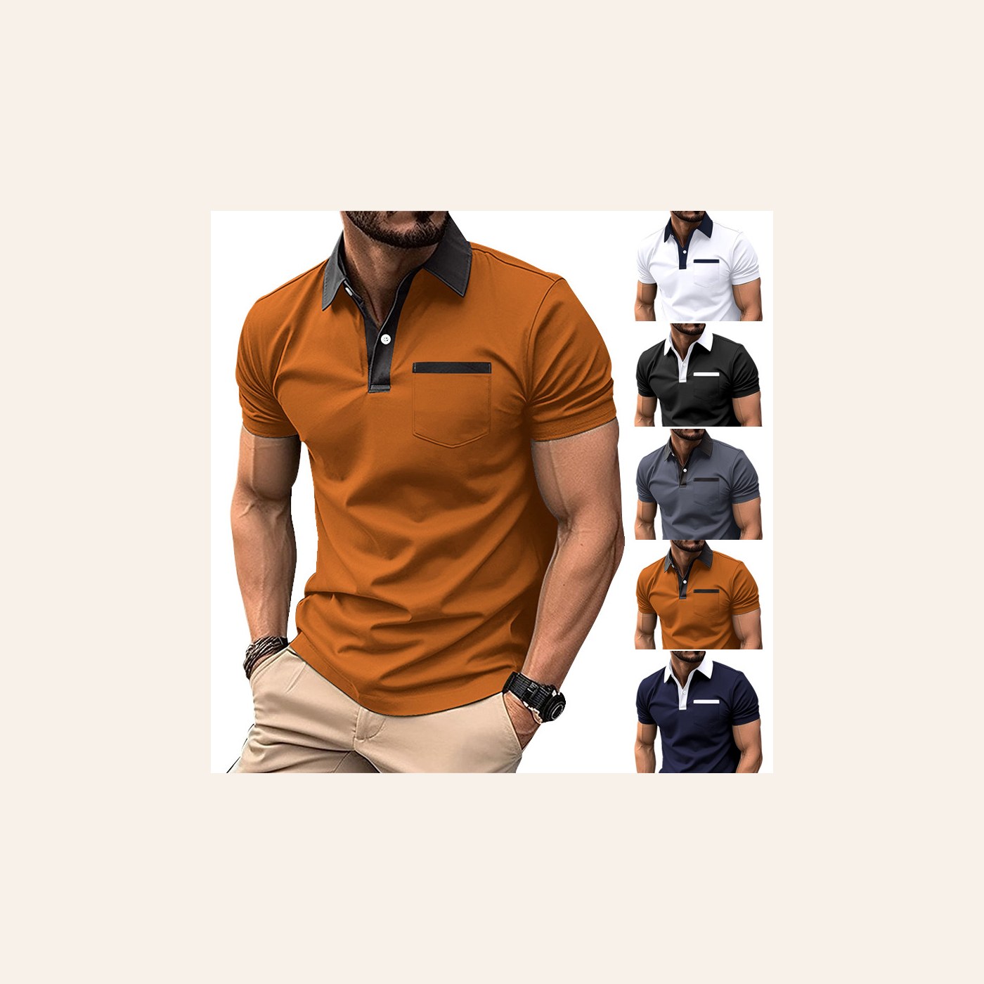 Gents Lapel Fashion Slim Pocket Short-Sleeved T-Shirt Polo Shirt gallery image
