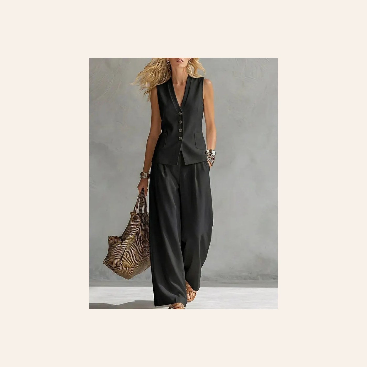 Ladies Two-Piece V-Neck Sleeveless Vest And Wide Leg Pants gallery image