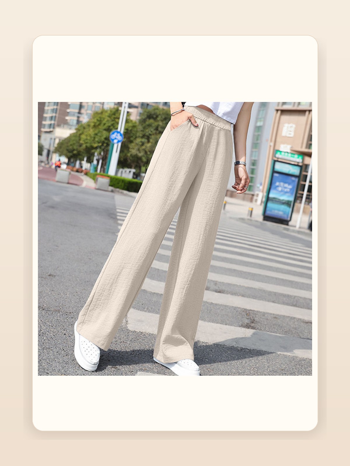 Ladies Linen Wide-Leg Pants on a warm studio background for Velvet Souq UAE
